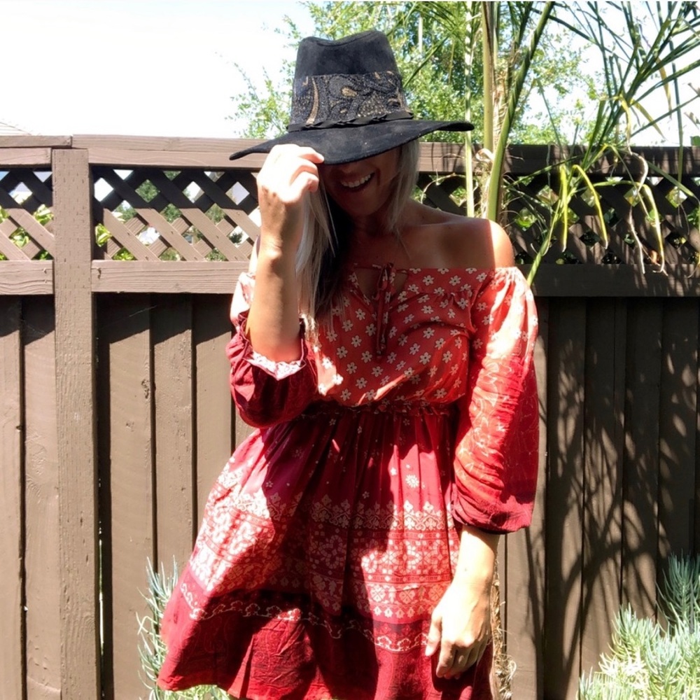 New! Clearance 🔥 Desert Red Boho Off theShoulders Ruffle Dress - Picture 14 of 15